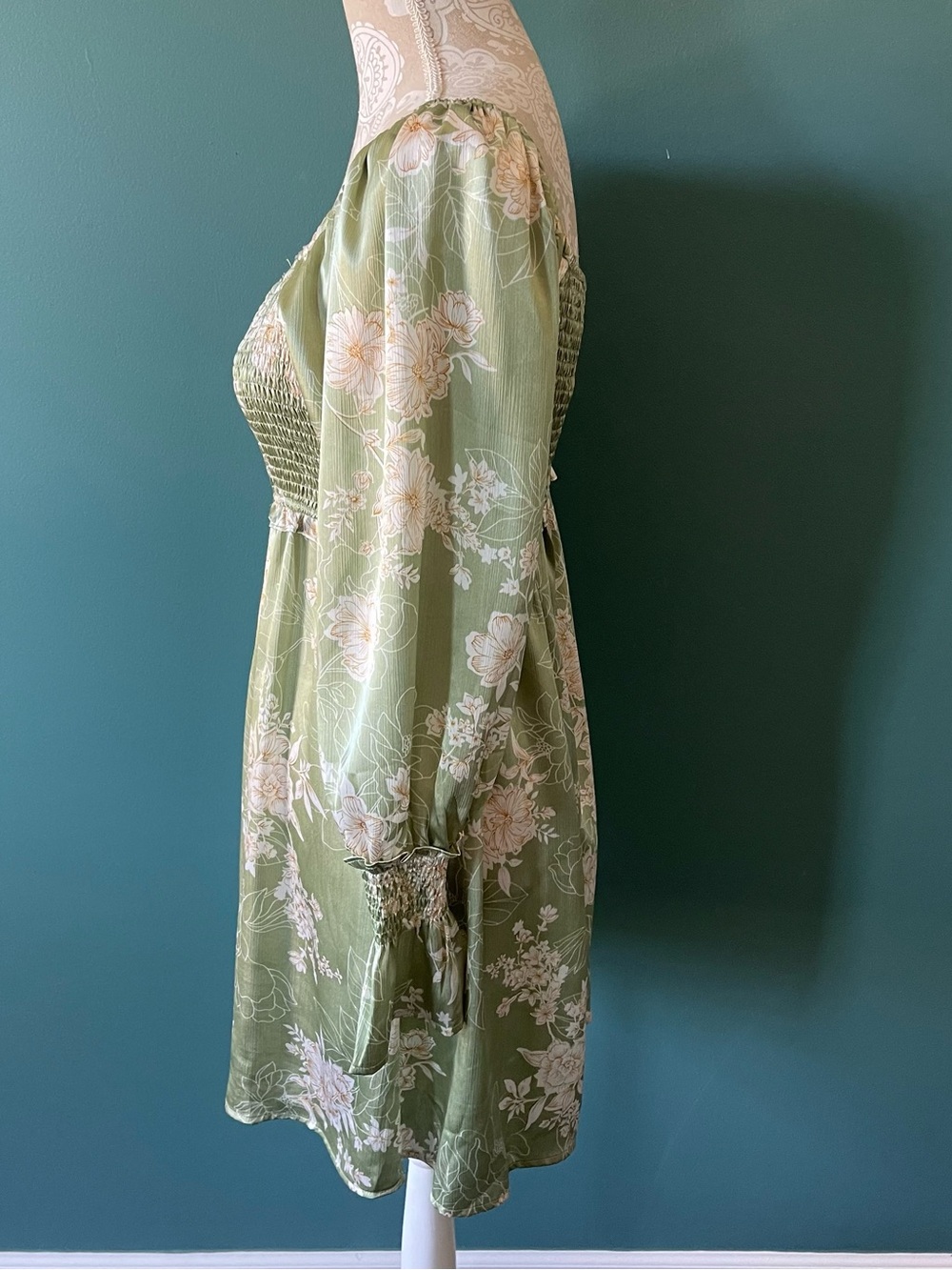 ILLA ILLA Sage Green Floral Smocked Long-Sleeve Silky Mini Dress - Picture 3 of 6